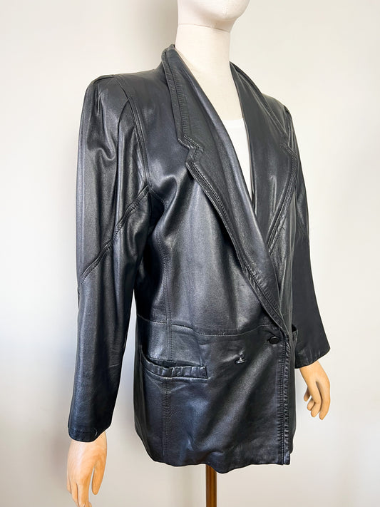 Veste blazer oversize vintage années 80 en cuir noir à épaulettes (T38)
