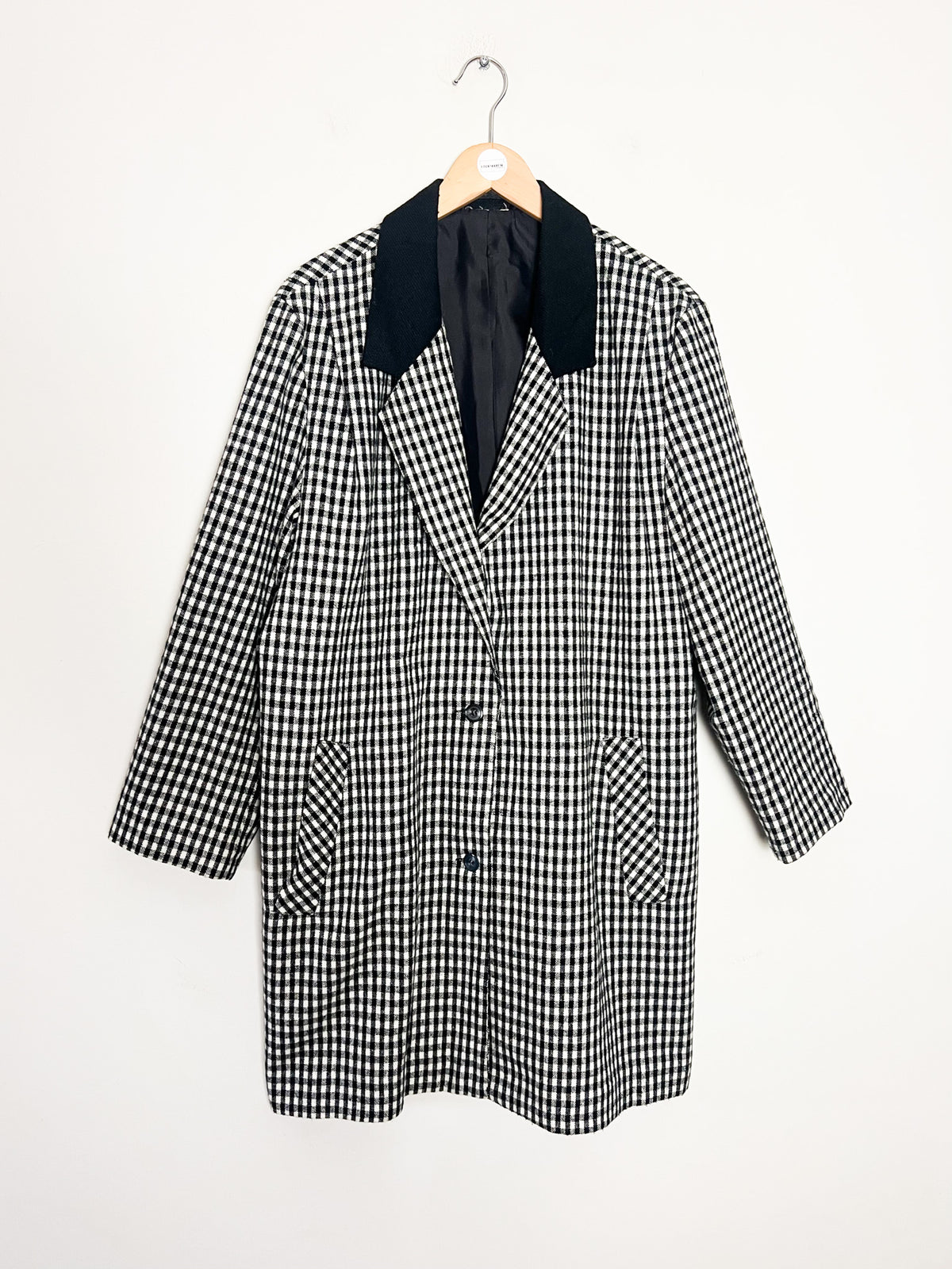 Manteau 3/4 vintage mi-saison à carreaux noir & blanc — Col contrastant noir — T.40/42