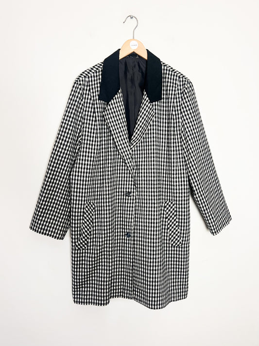 Manteau 3/4 vintage mi-saison à carreaux noir & blanc — Col contrastant noir — T.40/42