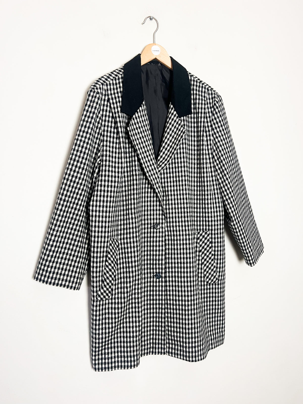 Manteau 3/4 vintage mi-saison à carreaux noir & blanc — Col contrastant noir — T.40/42