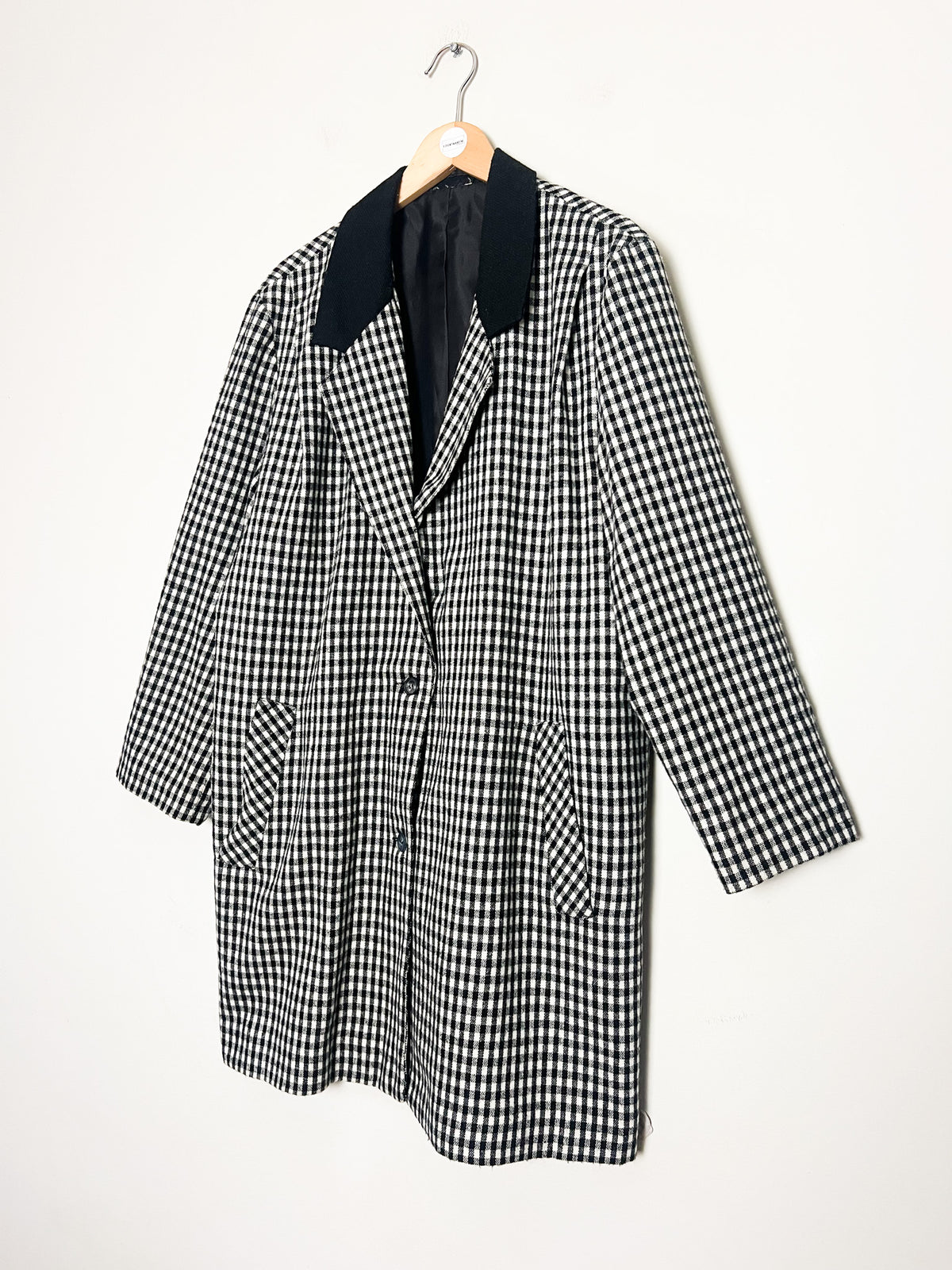 Manteau 3/4 vintage mi-saison à carreaux noir & blanc — Col contrastant noir — T.40/42
