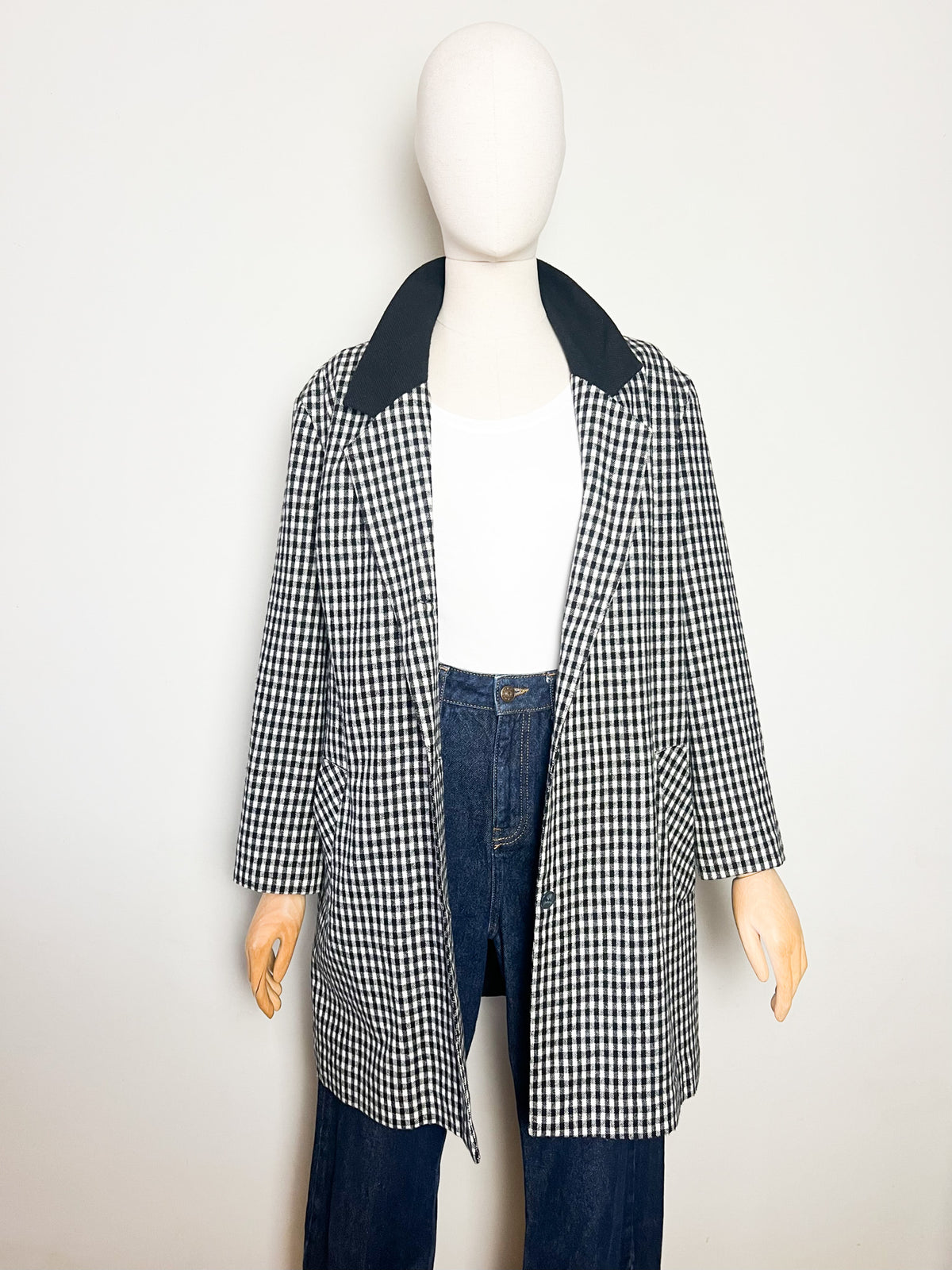 Manteau 3/4 vintage mi-saison à carreaux noir & blanc — Col contrastant noir — T.40/42