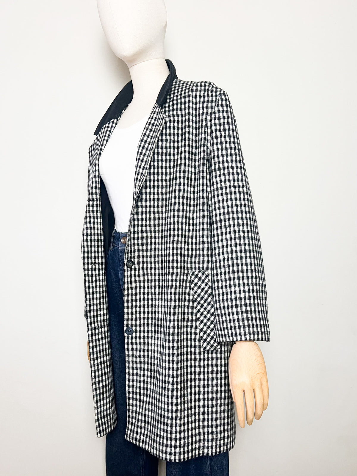 Manteau 3/4 vintage mi-saison à carreaux noir & blanc — Col contrastant noir — T.40/42