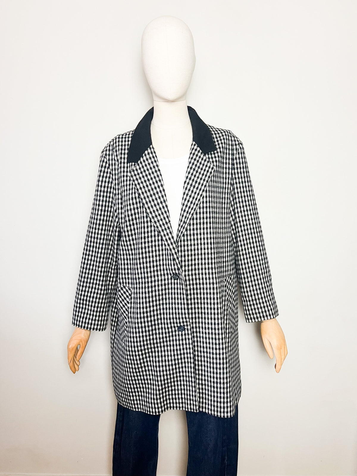 Manteau 3/4 vintage mi-saison à carreaux noir & blanc — Col contrastant noir — T.40/42