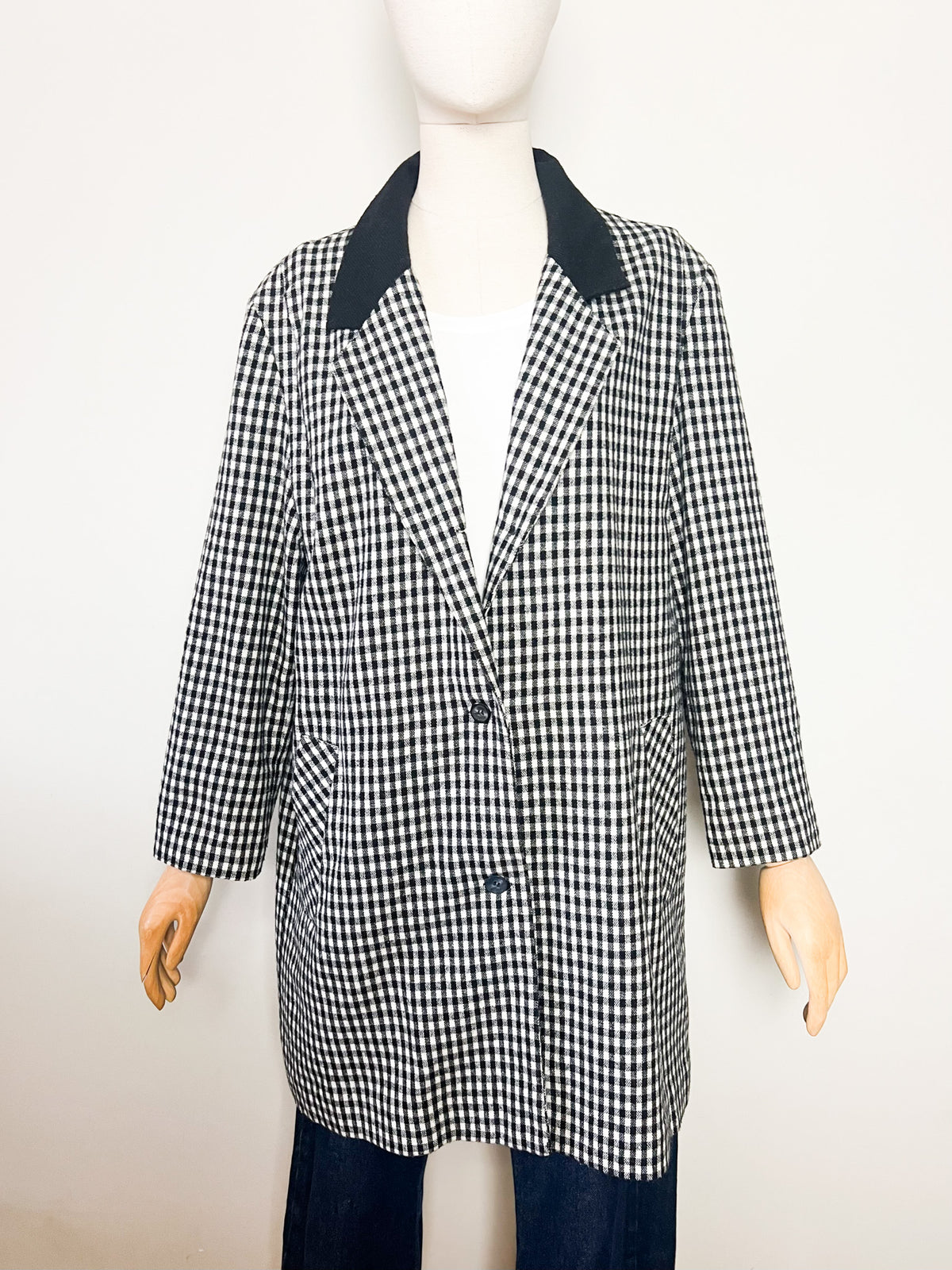 Manteau 3/4 vintage mi-saison à carreaux noir & blanc — Col contrastant noir — T.40/42