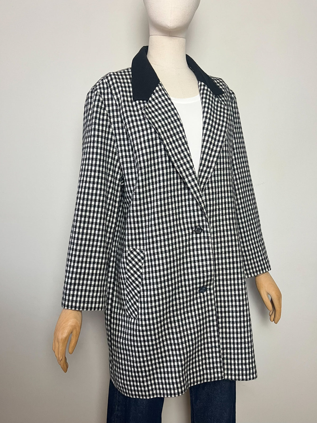 Manteau 3/4 vintage mi-saison à carreaux noir & blanc — Col contrastant noir — T.40/42