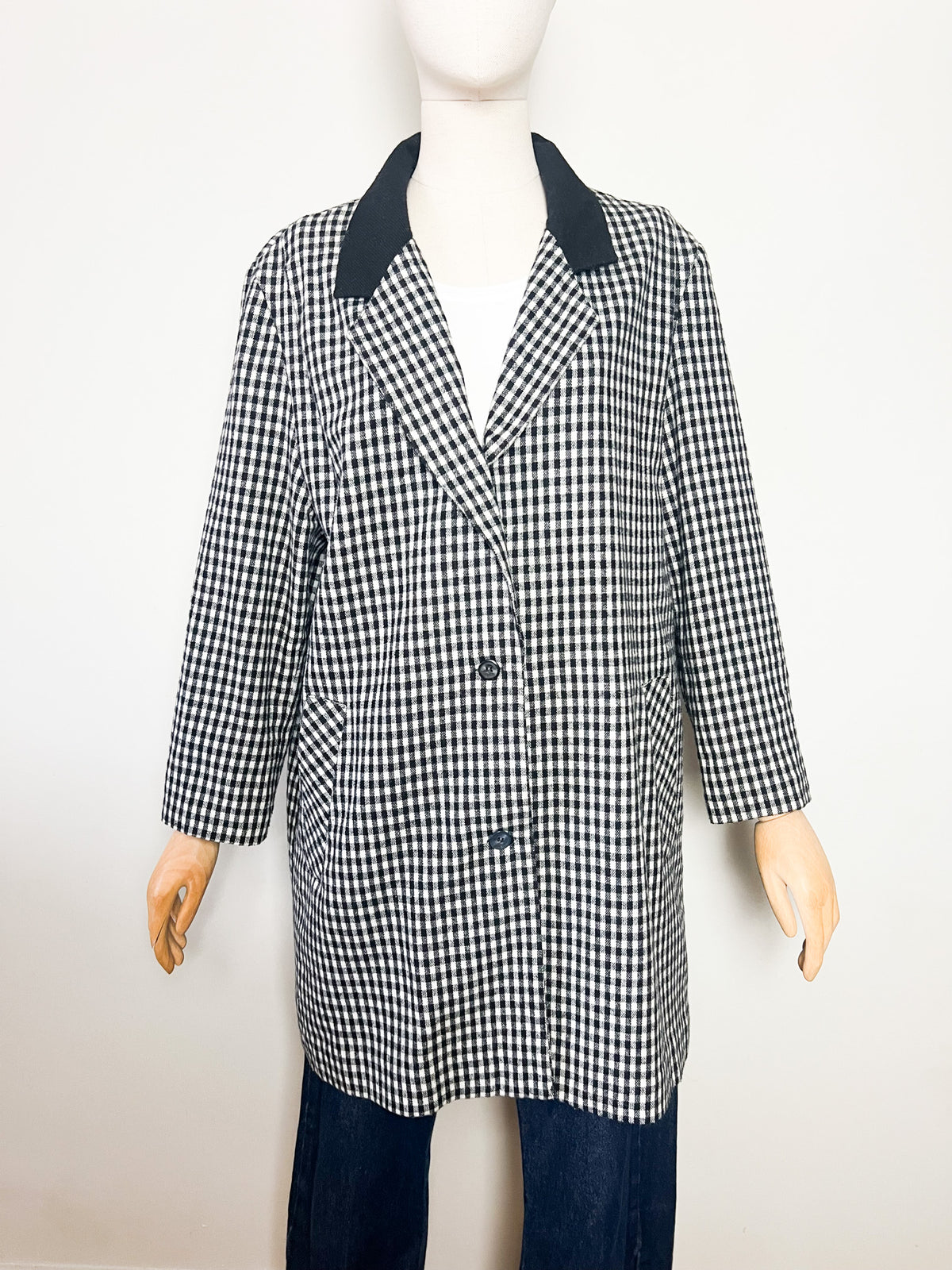 Manteau 3/4 vintage mi-saison à carreaux noir & blanc — Col contrastant noir — T.40/42