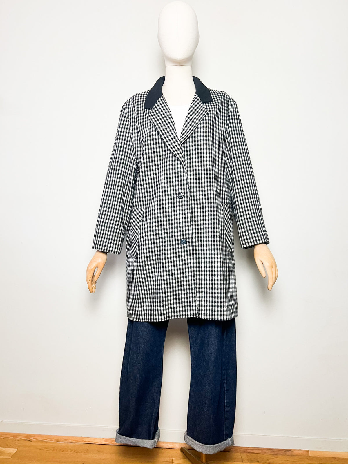 Manteau 3/4 vintage mi-saison à carreaux noir & blanc — Col contrastant noir — T.40/42