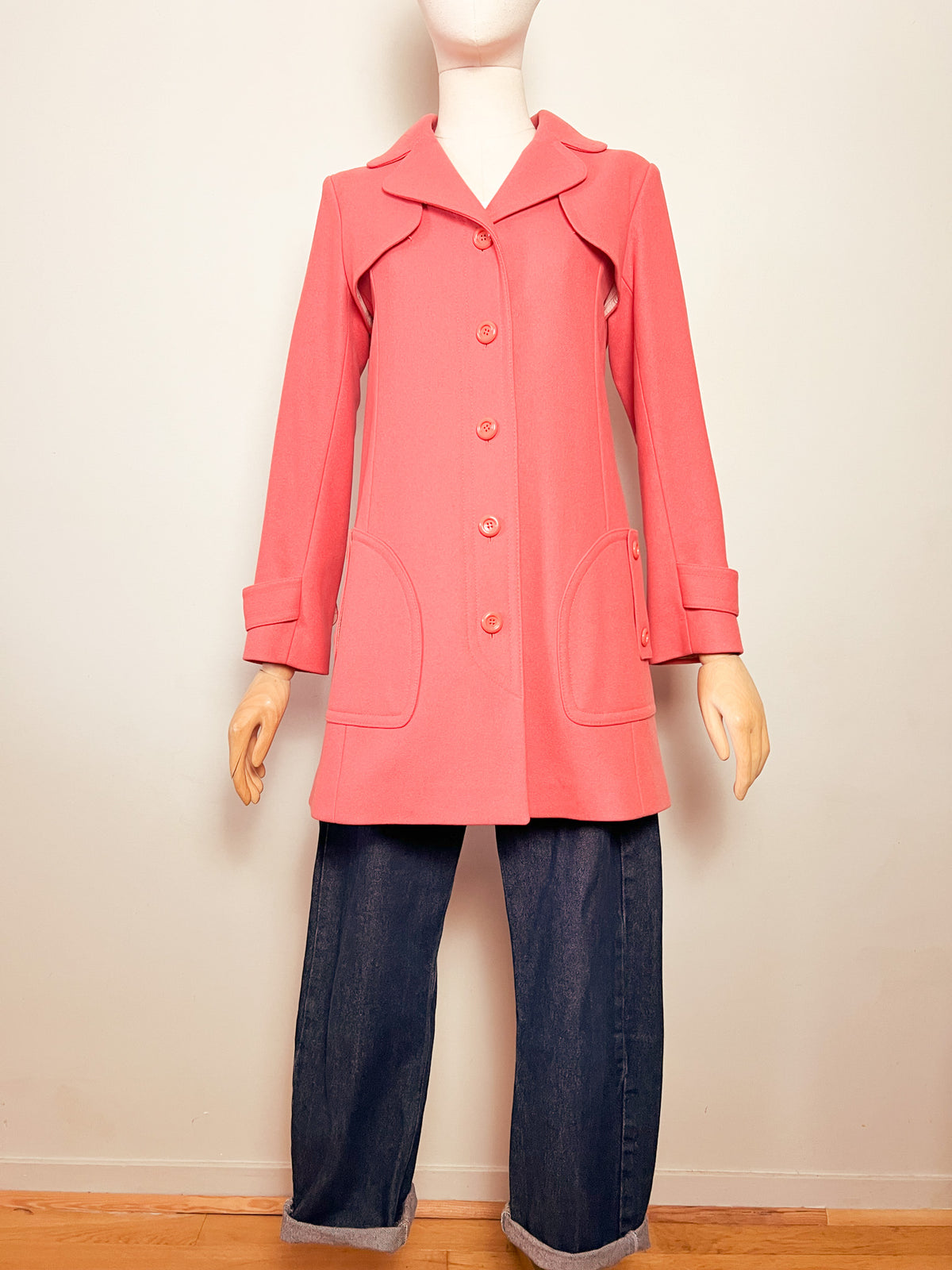 Manteau 3/4 en pure laine saumon A.P.C. — Inspiration vintage Sixties (T. S)