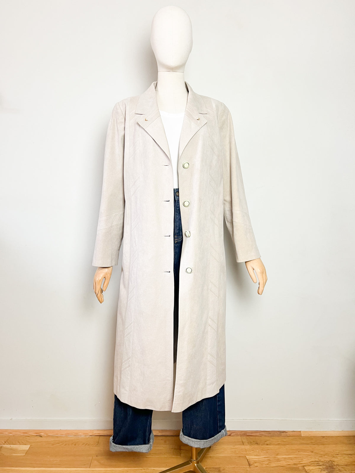 Manteau long vintage 80s suédine beige greige Latreille Paris — Fabriqué en France — T.40/42