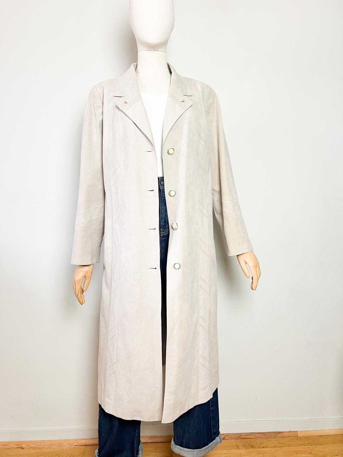 Manteau long vintage 80s suédine beige greige Latreille Paris — Fabriqué en France — T.40/42
