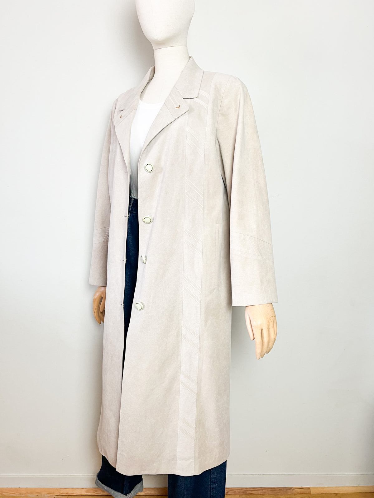 Manteau long vintage 80s suédine beige greige Latreille Paris — Fabriqué en France — T.40/42