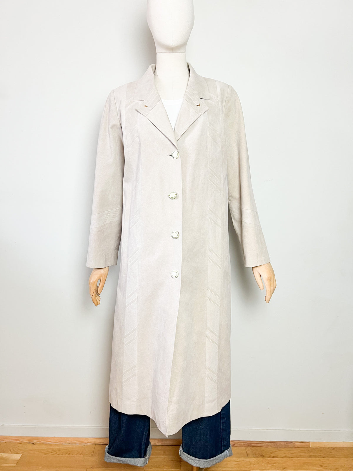 Manteau long vintage 80s suédine beige greige Latreille Paris — Fabriqué en France — T.40/42