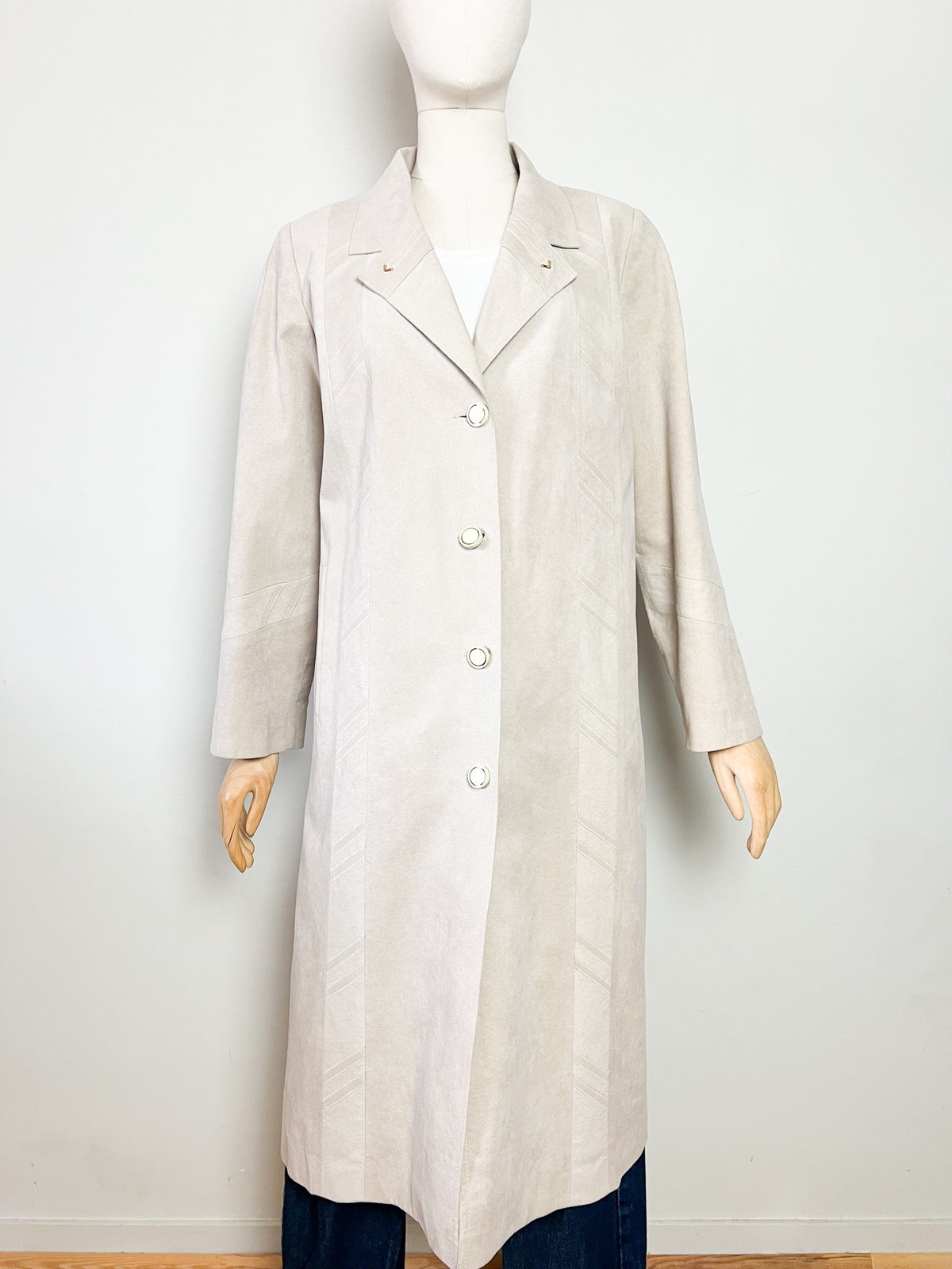 Manteau long vintage 80s suédine beige greige Latreille Paris — Fabriqué en France — T.40/42