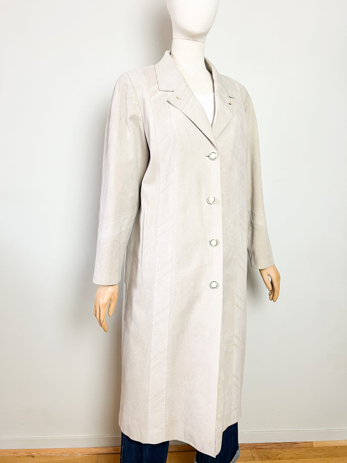 Manteau long vintage 80s suédine beige greige Latreille Paris — Fabriqué en France — T.40/42