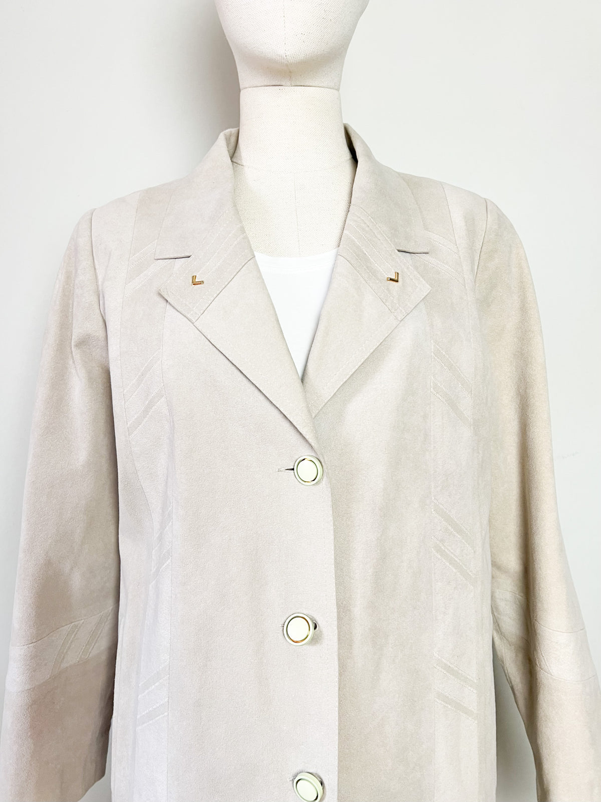 Manteau long vintage 80s suédine beige greige Latreille Paris — Fabriqué en France — T.40/42