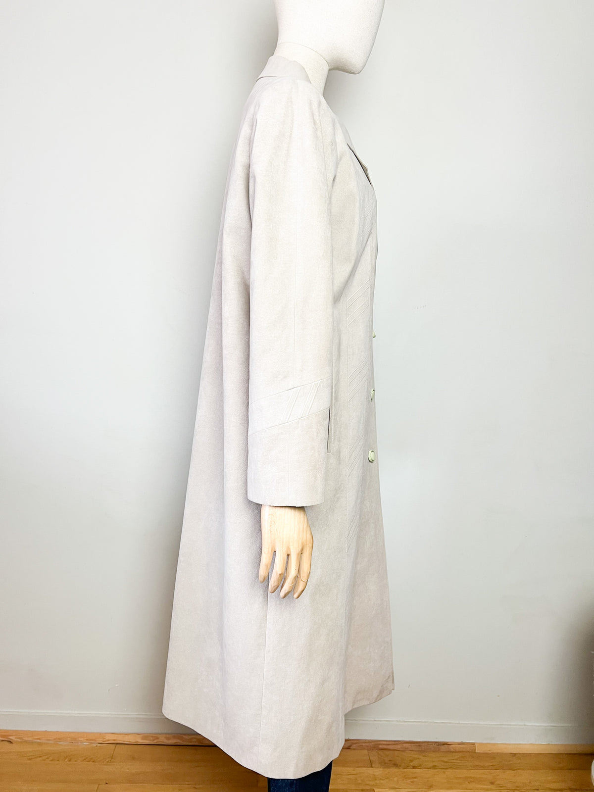 Manteau long vintage 80s suédine beige greige Latreille Paris — Fabriqué en France — T.40/42