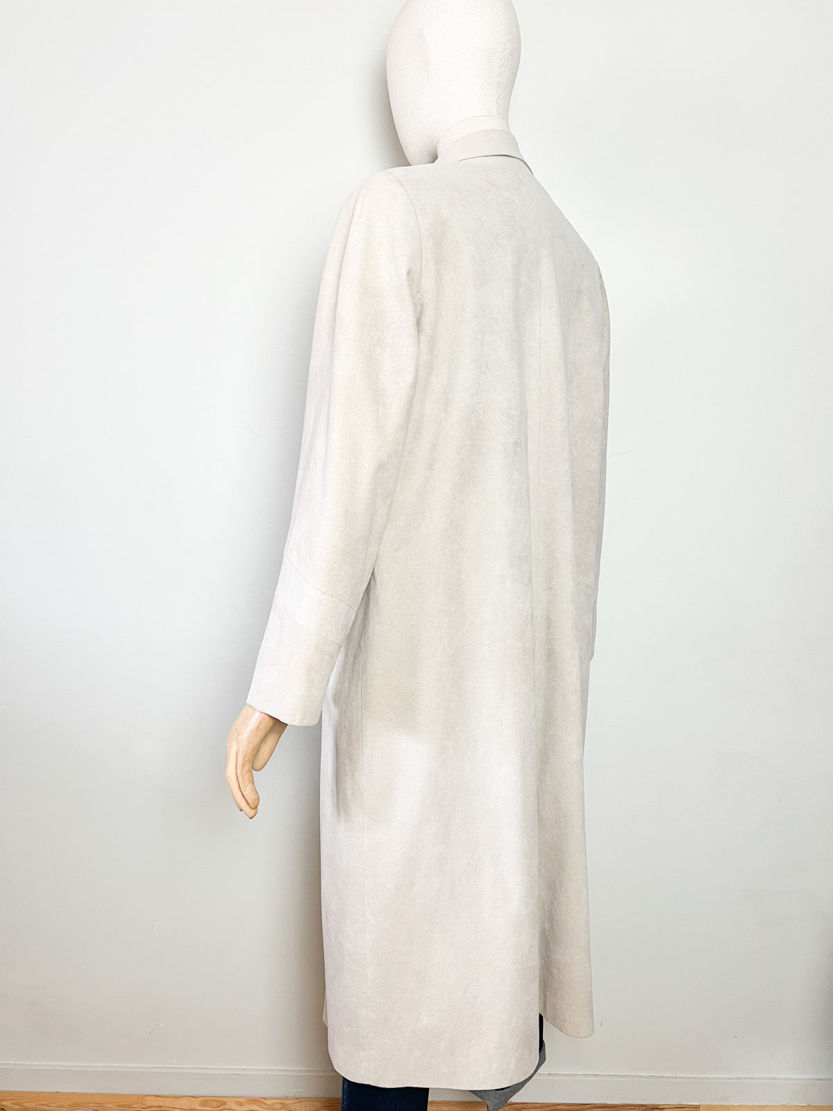 Manteau long vintage 80s suédine beige greige Latreille Paris — Fabriqué en France — T.40/42