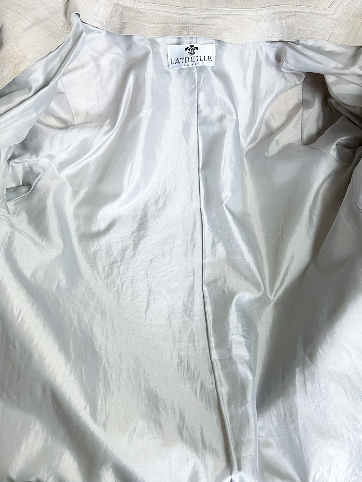 Manteau long vintage 80s suédine beige greige Latreille Paris — Fabriqué en France — T.40/42