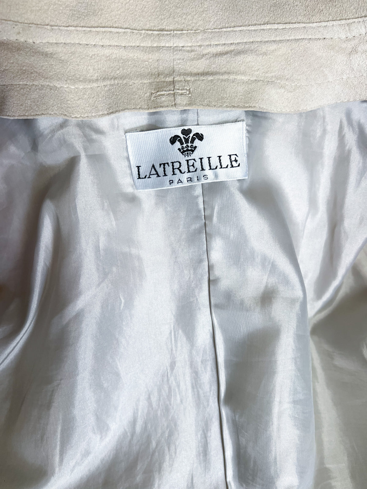 Manteau long vintage 80s suédine beige greige Latreille Paris — Fabriqué en France — T.40/42