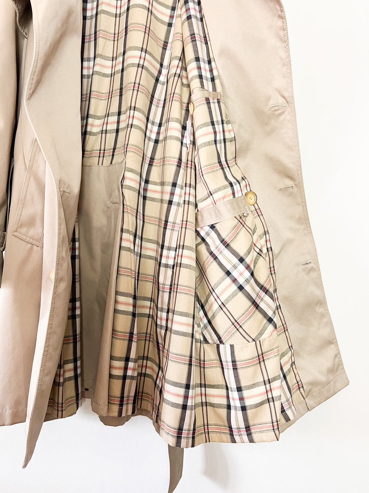 Trench 3/4 vintage beige ambré — Doublure tartan — Coupe militaire traditionnelle — L/XL (Mixte)