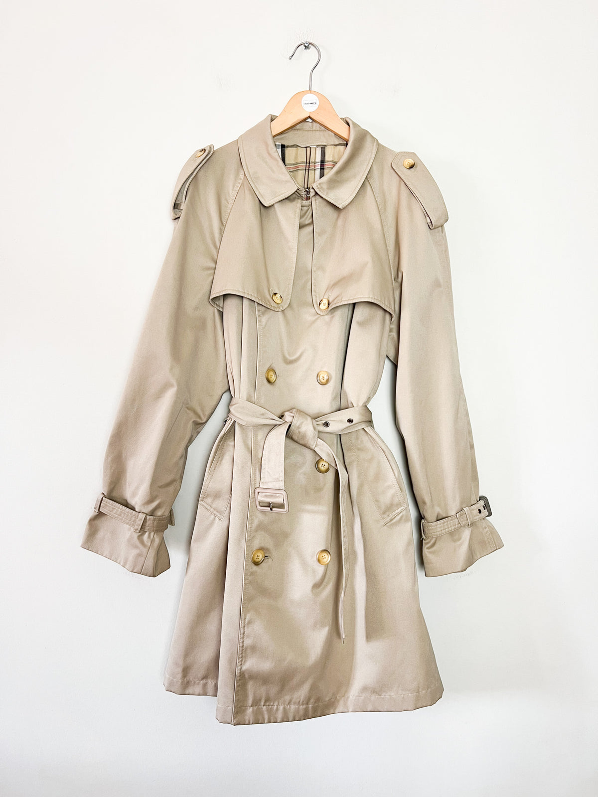 Trench 3/4 vintage beige ambré — Doublure tartan — Coupe militaire traditionnelle — L/XL (Mixte)