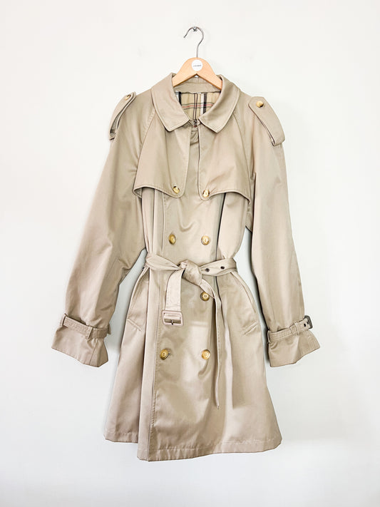 Trench 3/4 vintage beige ambré — Doublure tartan — Coupe militaire traditionnelle — L/XL (Mixte)