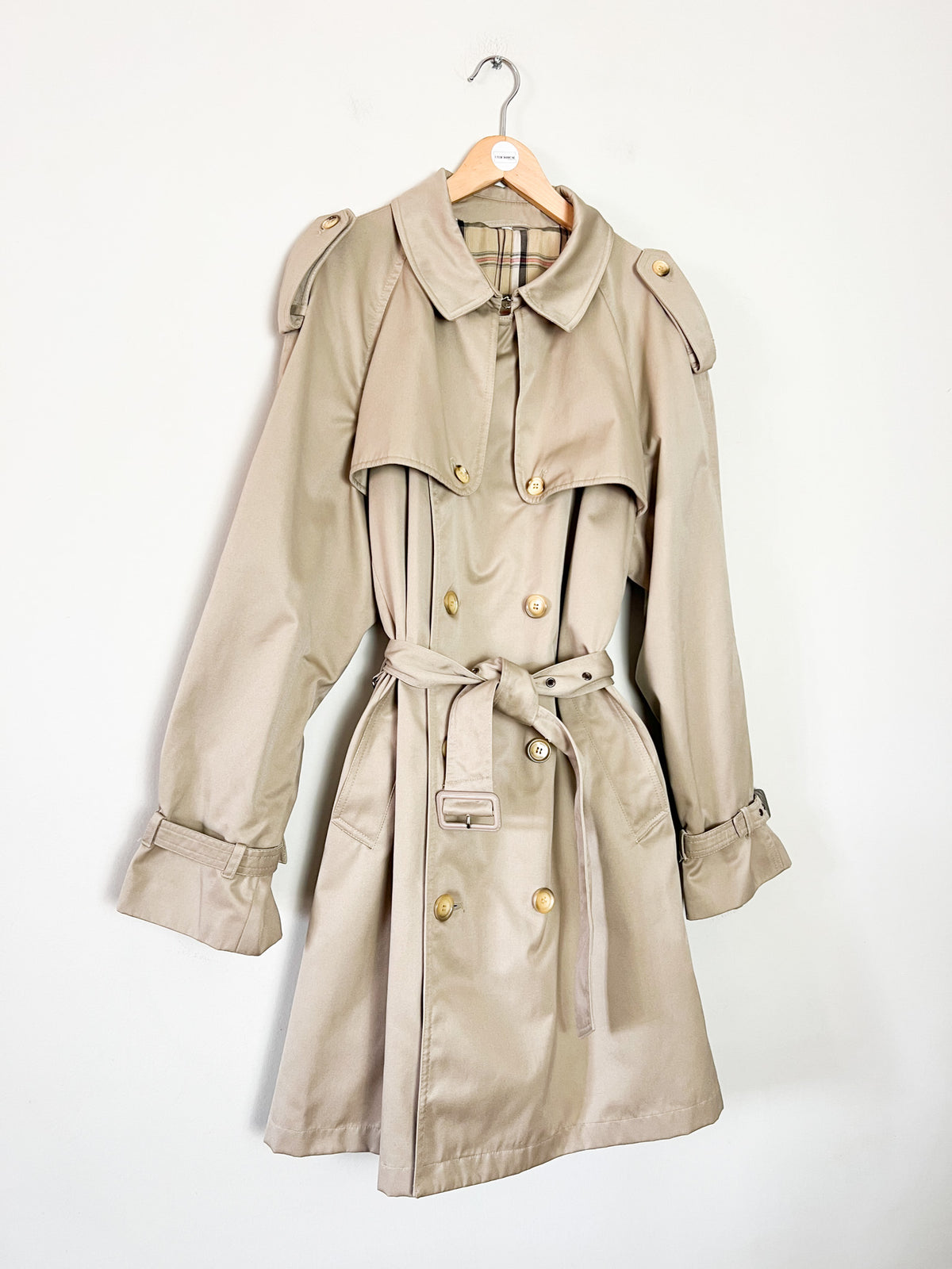 Trench 3/4 vintage beige ambré — Doublure tartan — Coupe militaire traditionnelle — L/XL (Mixte)