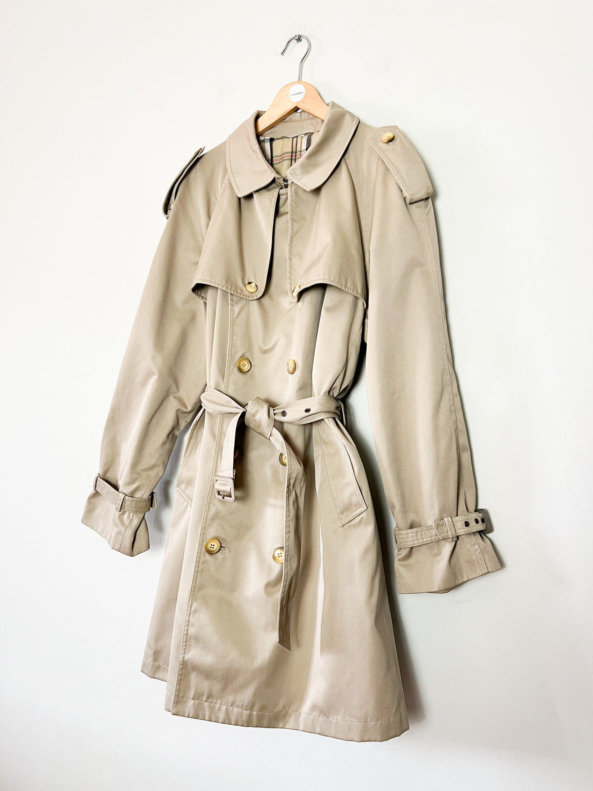 Trench 3/4 vintage beige ambré — Doublure tartan — Coupe militaire traditionnelle — L/XL (Mixte)