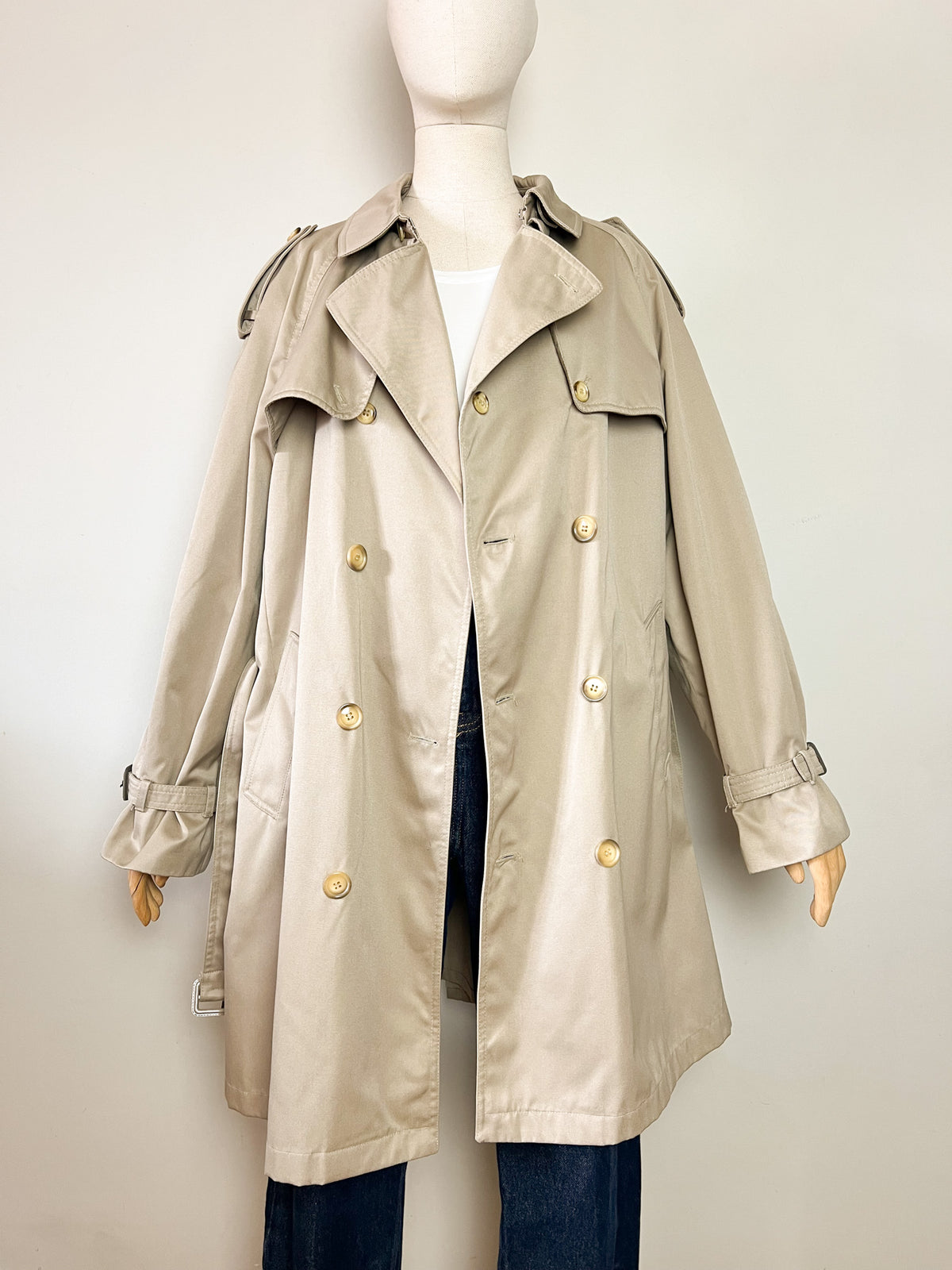 Trench 3/4 vintage beige ambré — Doublure tartan — Coupe militaire traditionnelle — L/XL (Mixte)