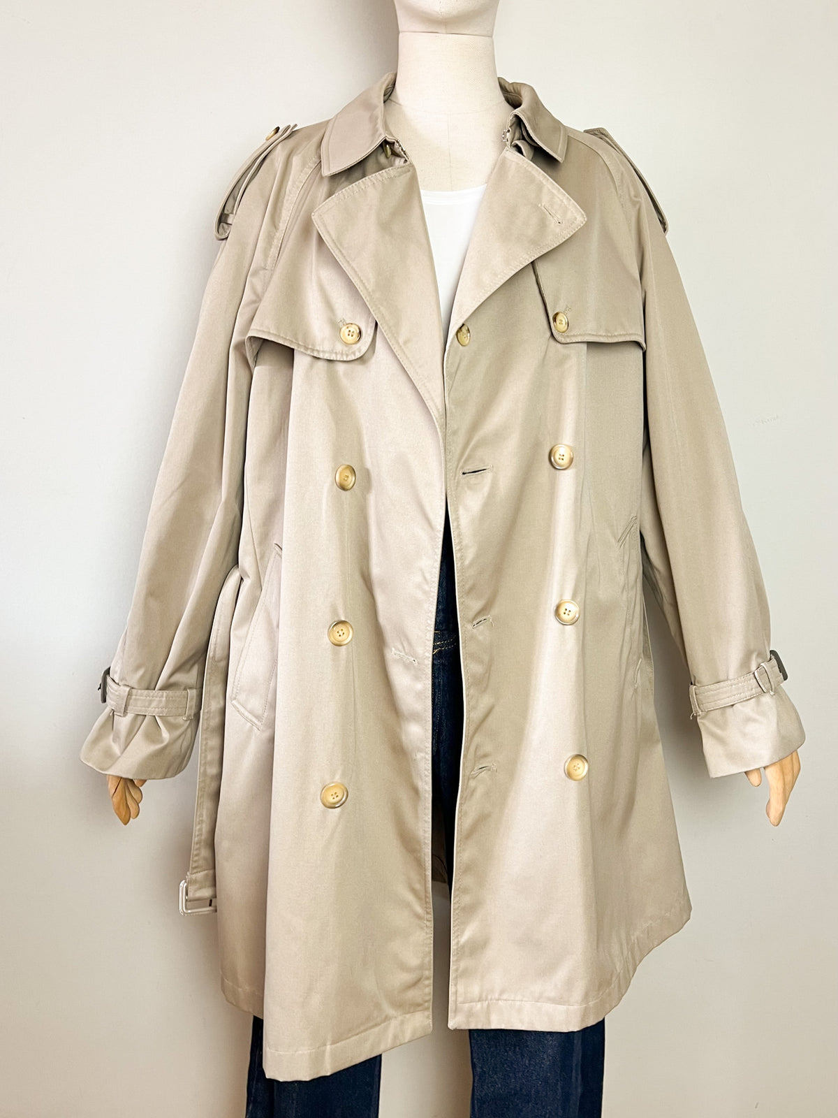Trench 3/4 vintage beige ambré — Doublure tartan — Coupe militaire traditionnelle — L/XL (Mixte)