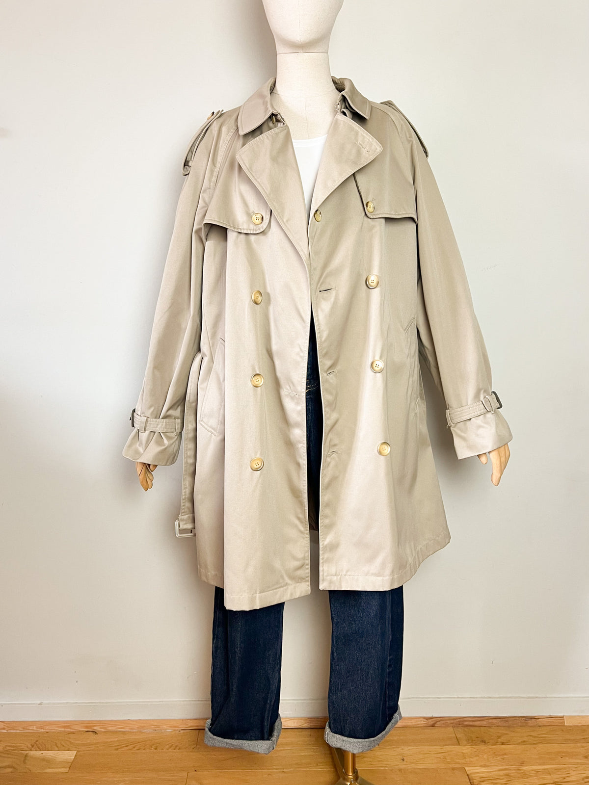 Trench 3/4 vintage beige ambré — Doublure tartan — Coupe militaire traditionnelle — L/XL (Mixte)