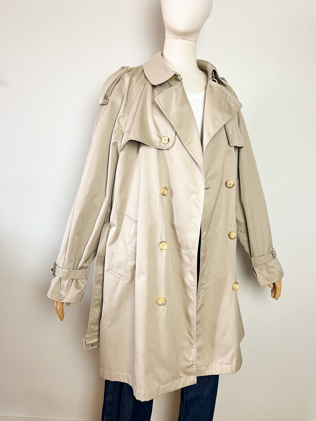 Trench 3/4 vintage beige ambré — Doublure tartan — Coupe militaire traditionnelle — L/XL (Mixte)