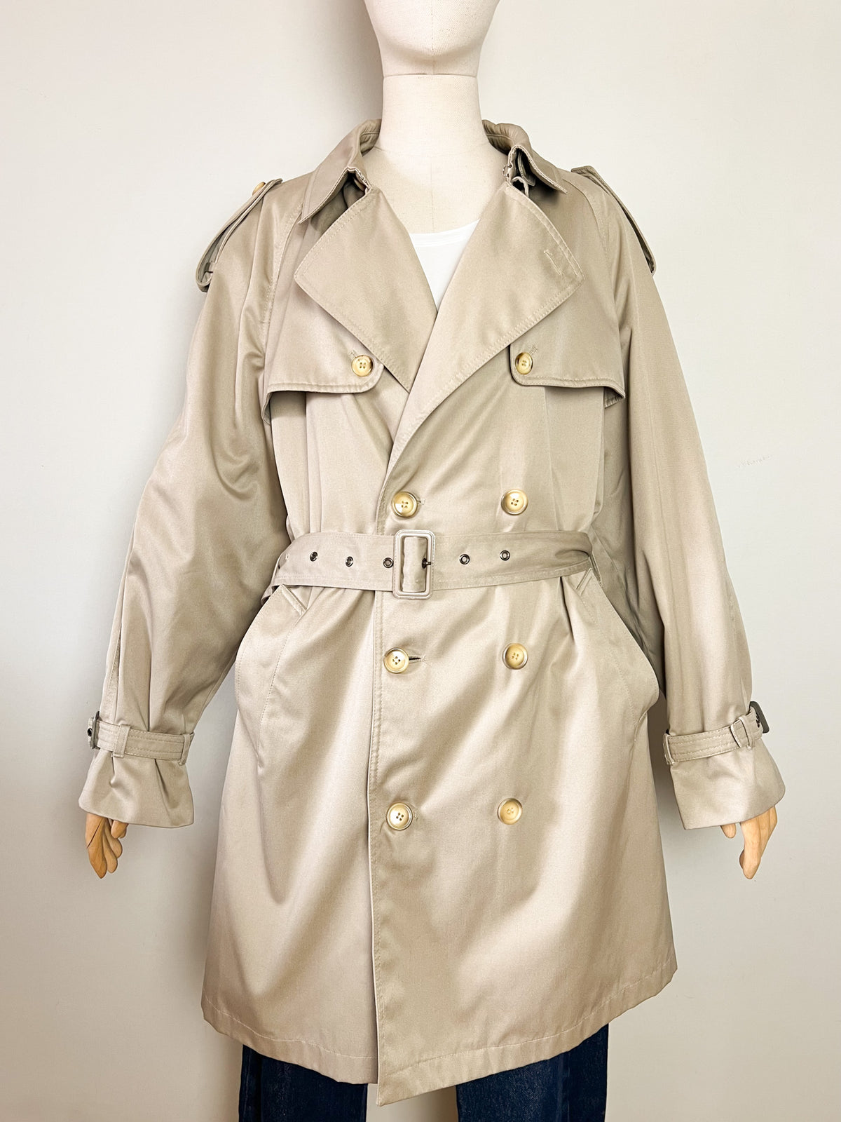 Trench 3/4 vintage beige ambré — Doublure tartan — Coupe militaire traditionnelle — L/XL (Mixte)