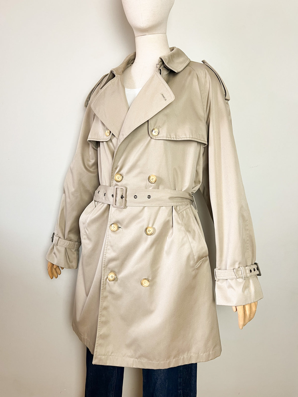 Trench 3/4 vintage beige ambré — Doublure tartan — Coupe militaire traditionnelle — L/XL (Mixte)