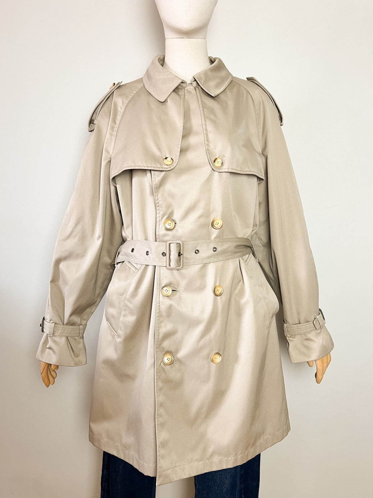Trench 3/4 vintage beige ambré — Doublure tartan — Coupe militaire traditionnelle — L/XL (Mixte)