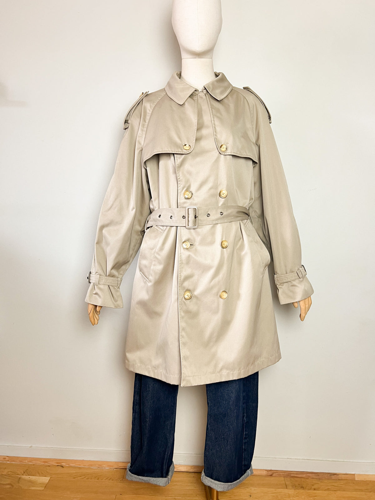 Trench 3/4 vintage beige ambré — Doublure tartan — Coupe militaire traditionnelle — L/XL (Mixte)