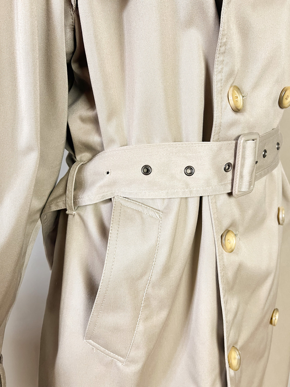 Trench 3/4 vintage beige ambré — Doublure tartan — Coupe militaire traditionnelle — L/XL (Mixte)