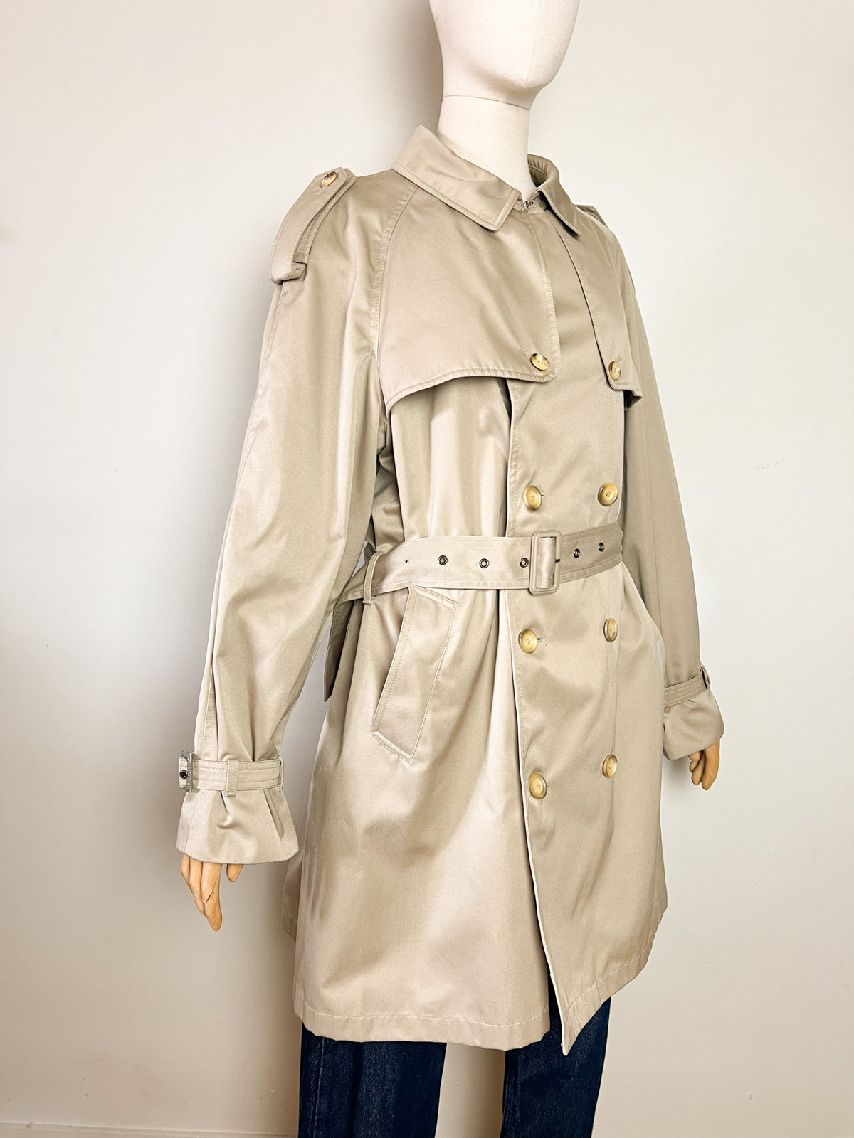 Trench 3/4 vintage beige ambré — Doublure tartan — Coupe militaire traditionnelle — L/XL (Mixte)