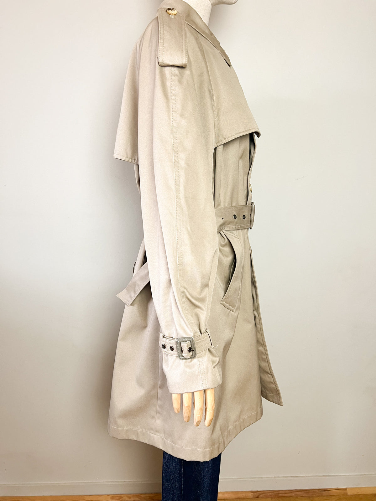Trench 3/4 vintage beige ambré — Doublure tartan — Coupe militaire traditionnelle — L/XL (Mixte)