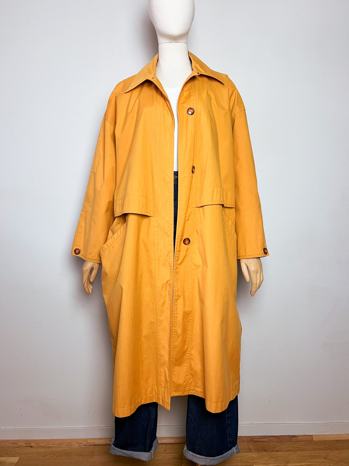 Trench long oversize vintage années 80 90 jaune safran moutarde  T42
