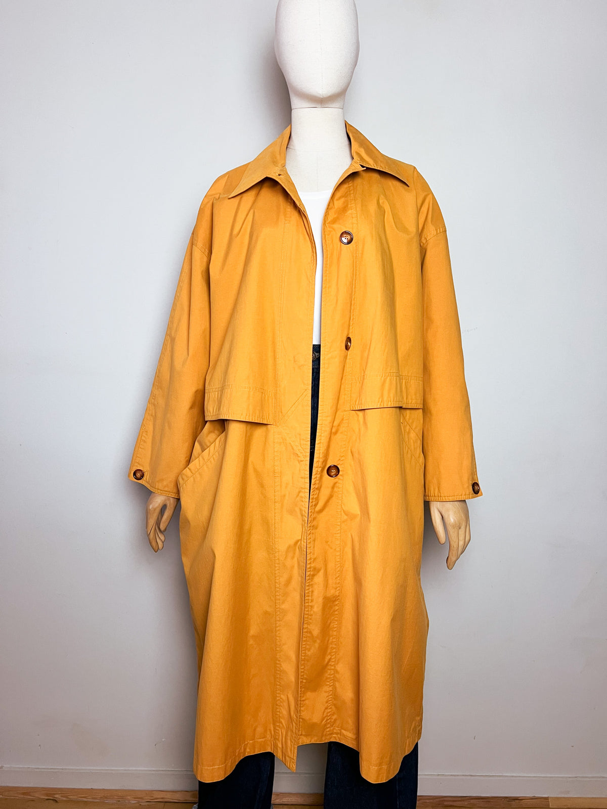 Trench long oversize vintage années 80 90 jaune safran moutarde  T42