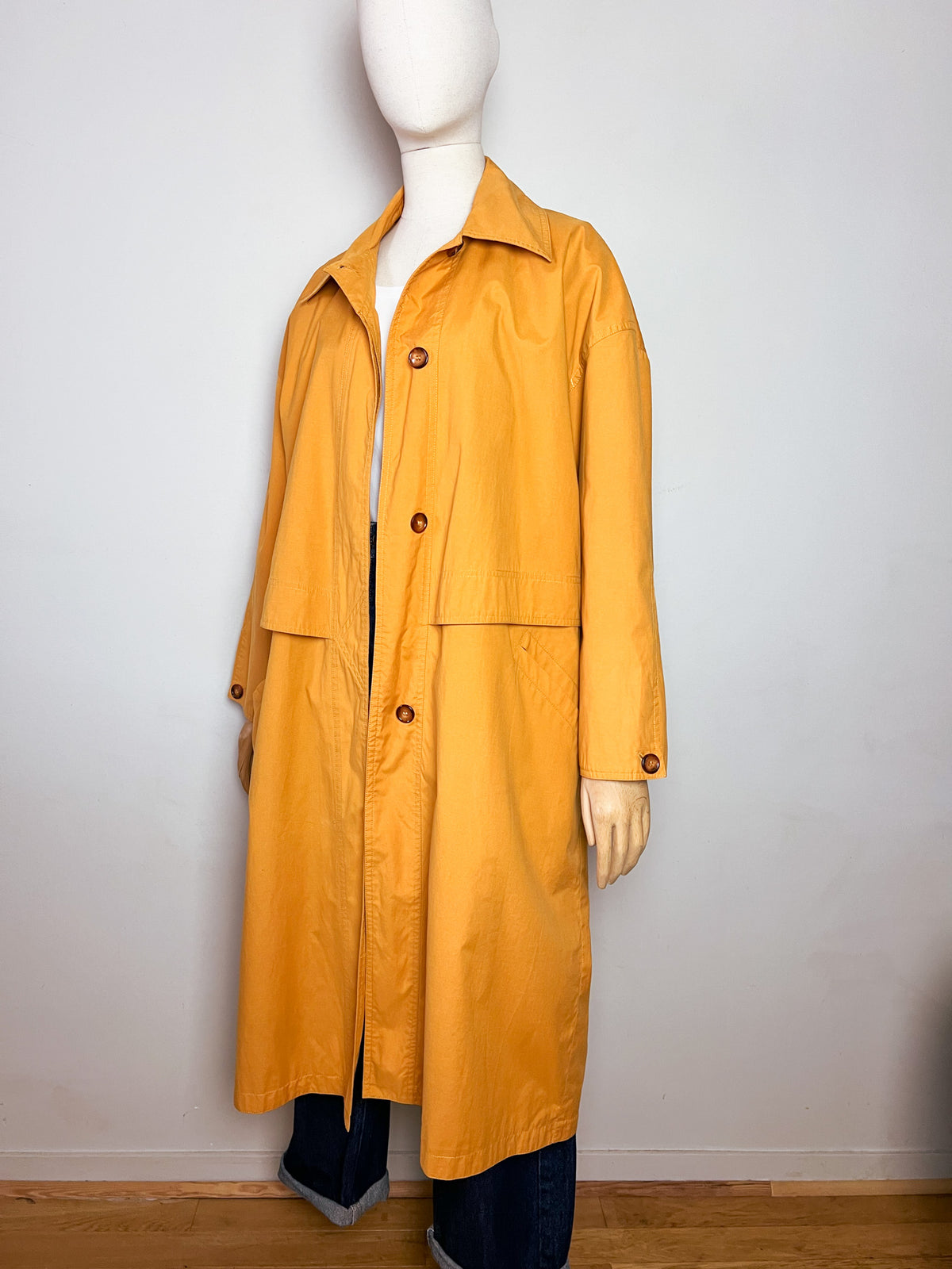 Trench long oversize vintage années 80 90 jaune safran moutarde  T42