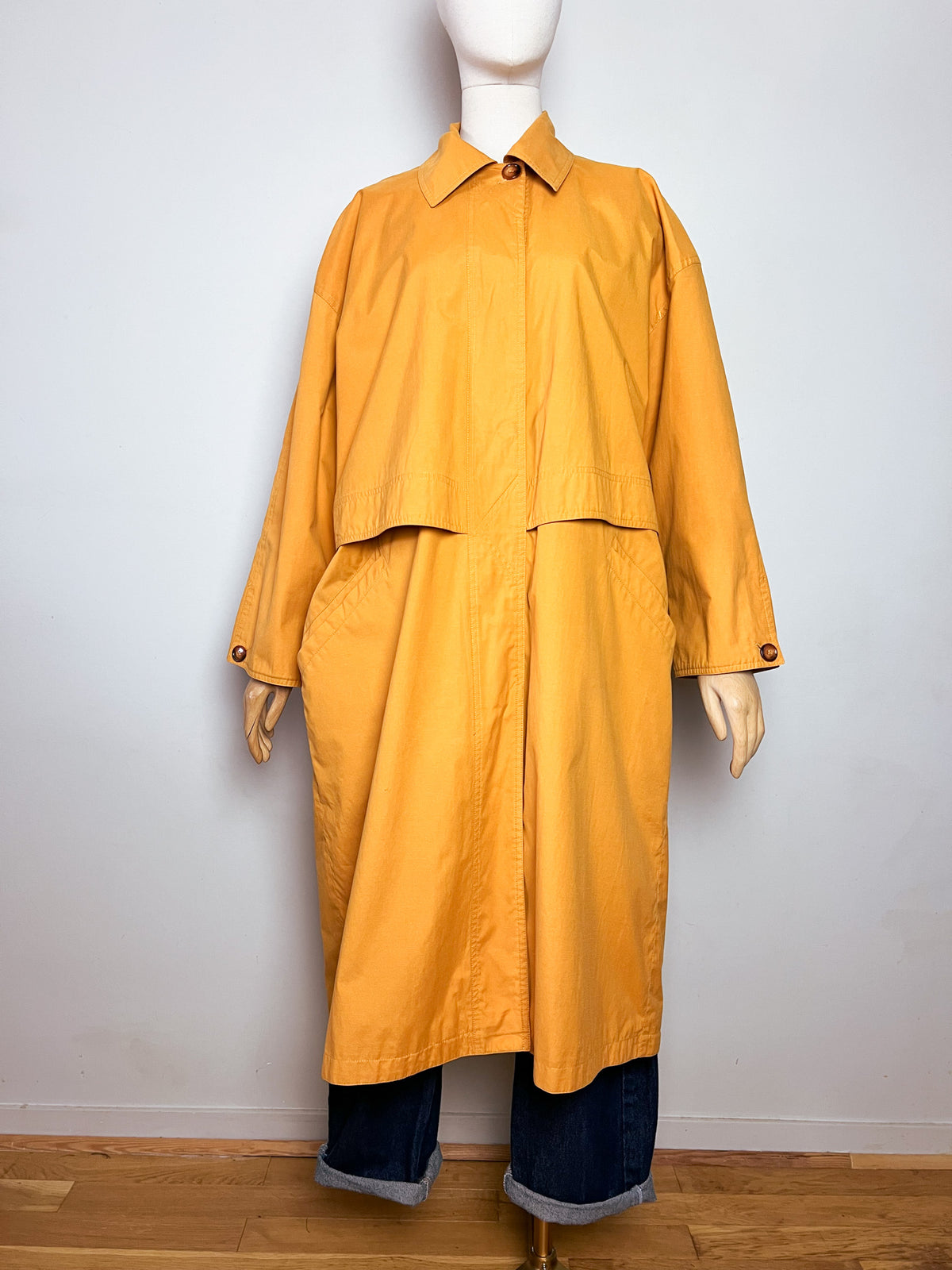 Trench long oversize vintage années 80 90 jaune safran moutarde  T42
