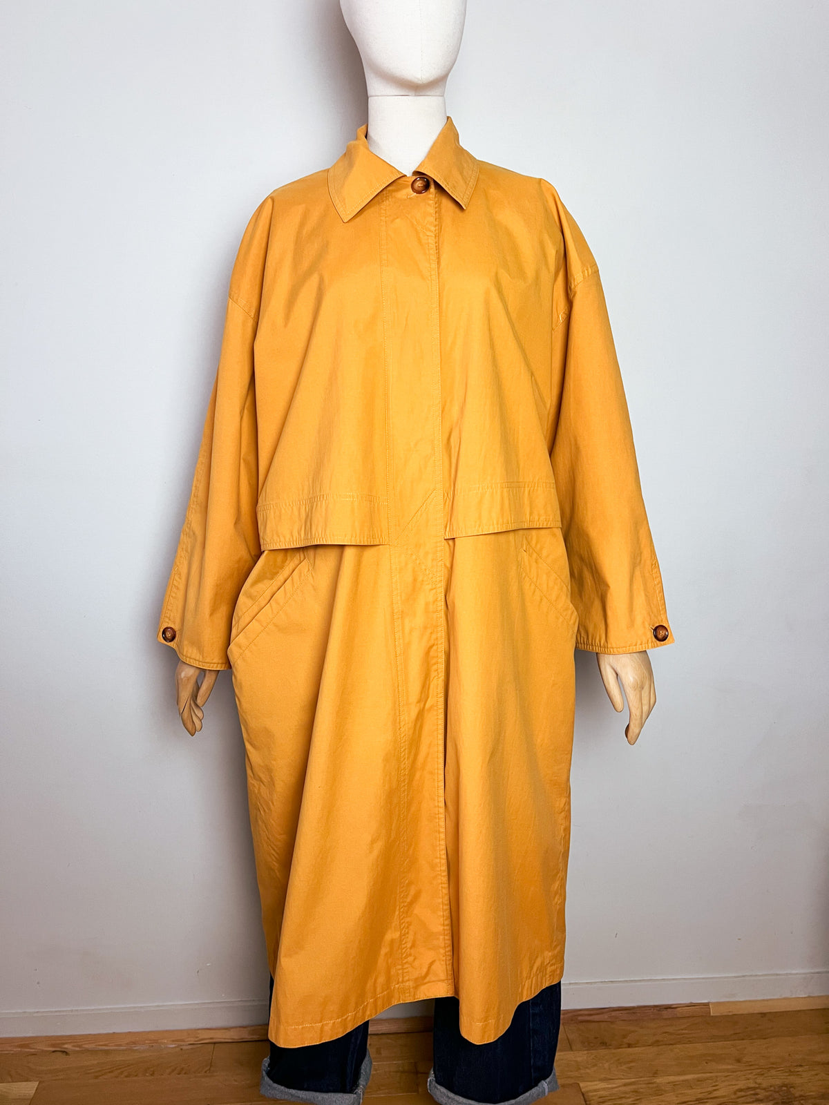 Trench long oversize vintage années 80 90 jaune safran moutarde  T42
