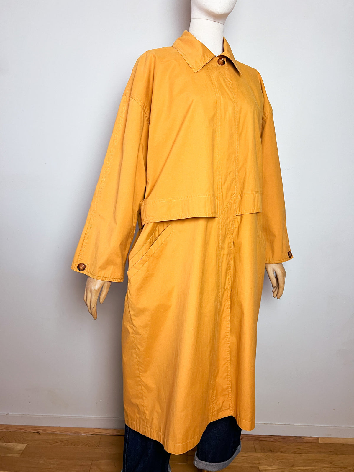 Trench long oversize vintage années 80 90 jaune safran moutarde  T42
