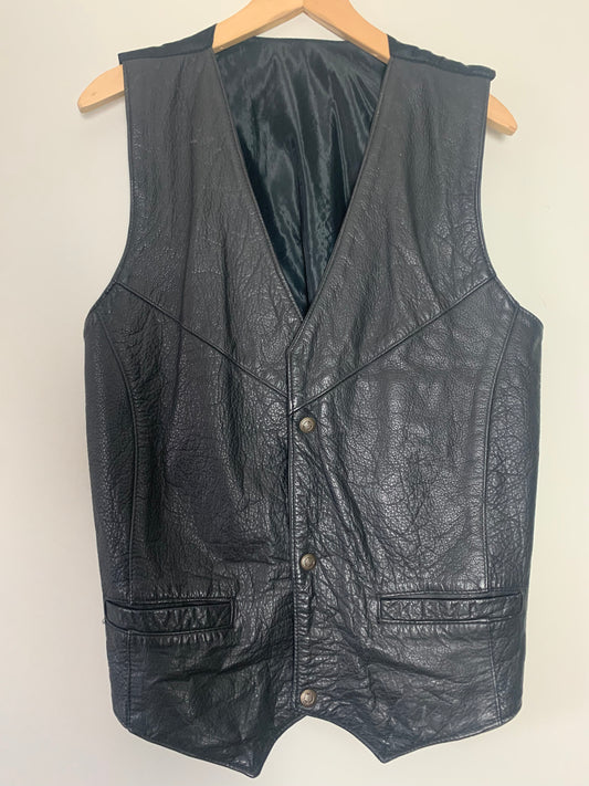 Veste en cuir noir sans manche vintage