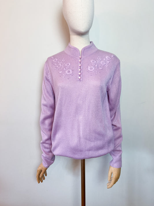 Pull Vintage Col Mao Brodée Lila - Taille 38/40