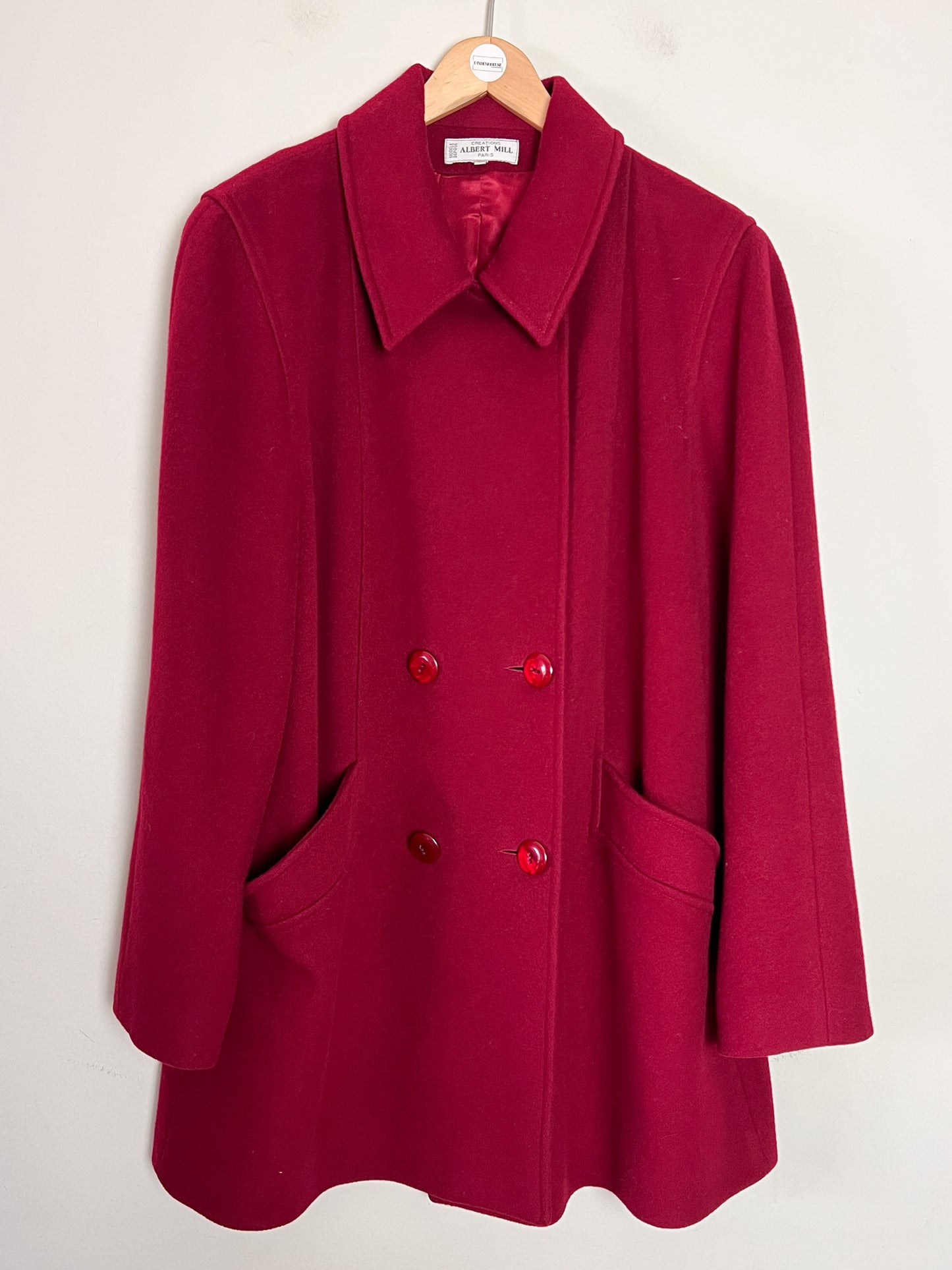 Manteau Vintage Années 80 90 Rouge Grenat - Laine & Cachemire - Fabriqué en France - T. 40/42