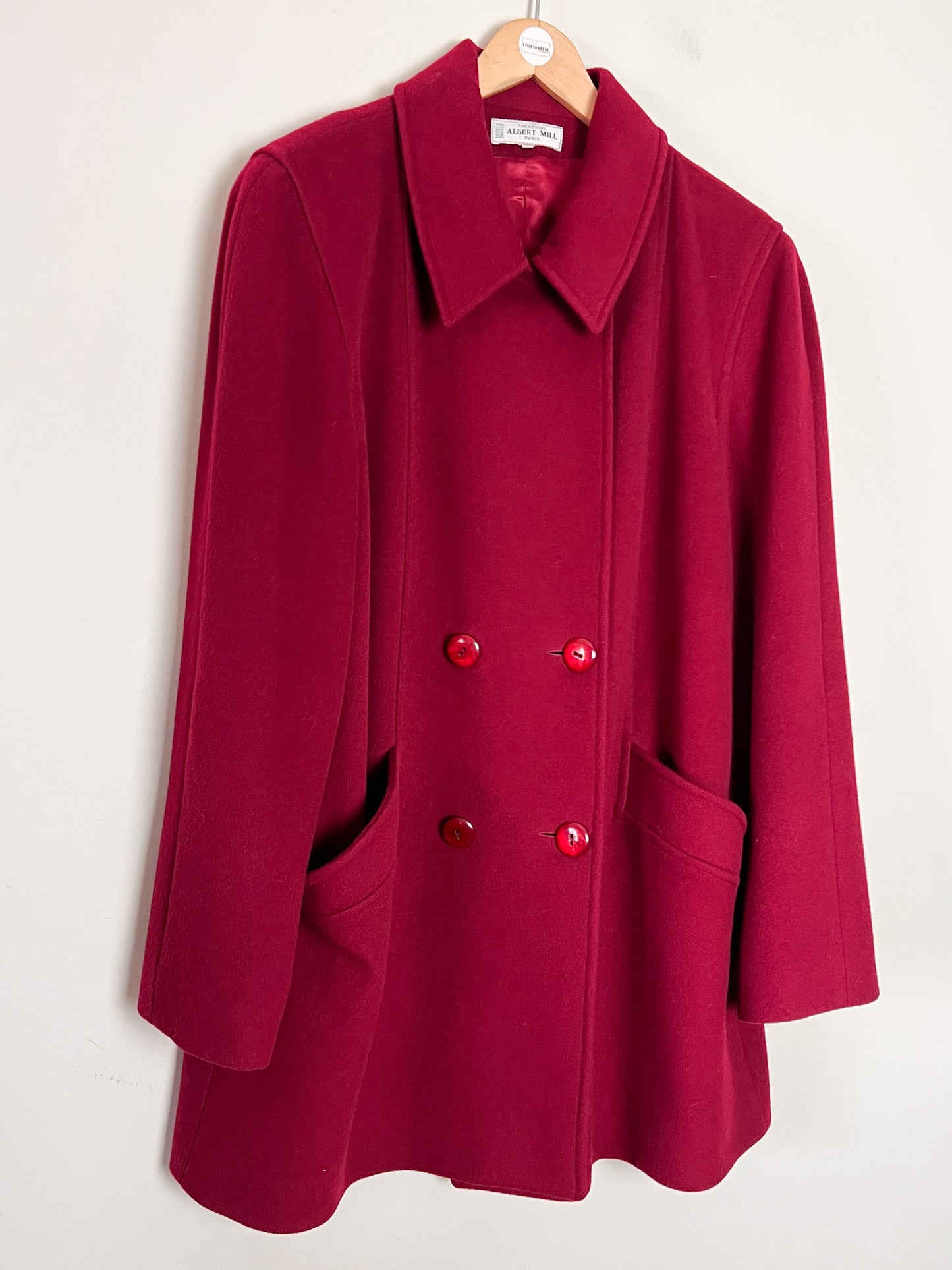 Manteau Vintage Années 80 90 Rouge Grenat - Laine & Cachemire - Fabriqué en France - T. 40/42